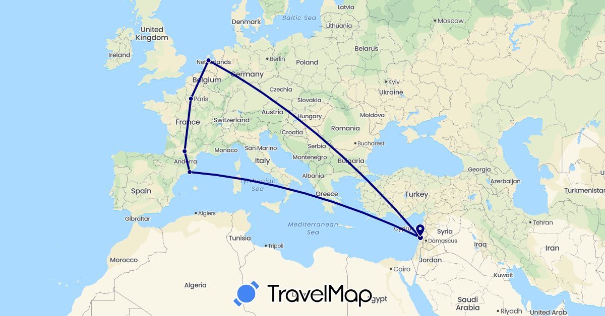 TravelMap itinerary: driving in Spain, France, Lebanon, Netherlands (Asia, Europe)